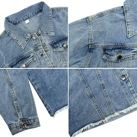 LONGBIDA Women's Jean Jacket Frayed Washed Button Up Cropped Denim Jacket - Picture 5 of 5